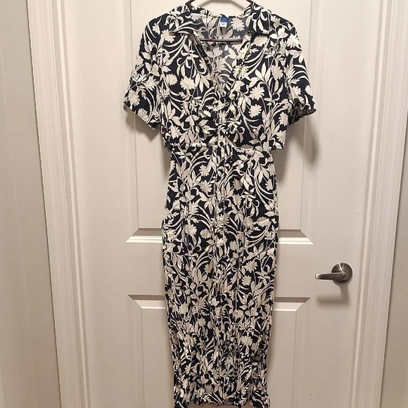 Old Navy Waist-Defined Midi Shirt Dress Navy Blue White Floral L - Picture 4 of 10